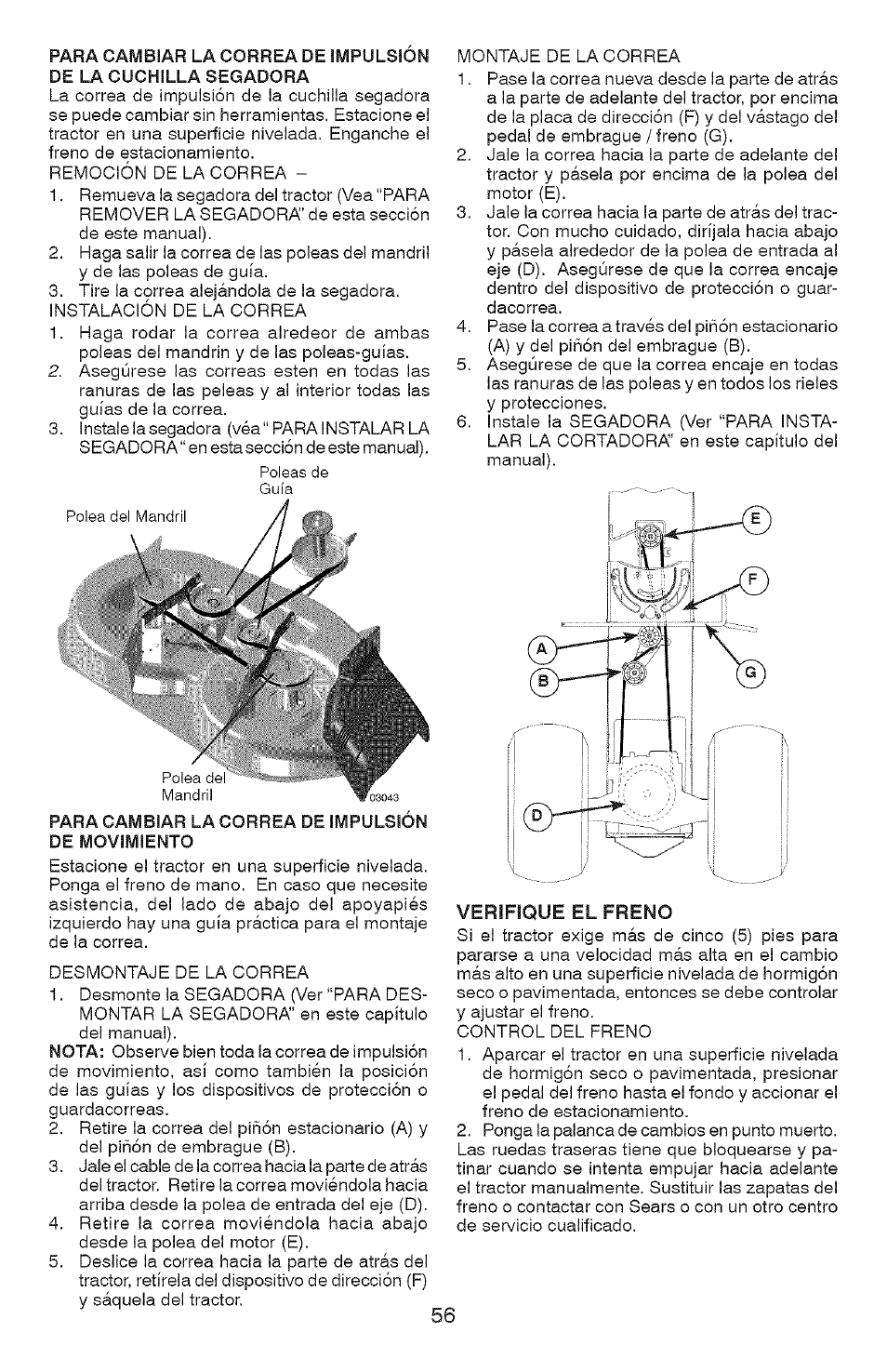 Para cambiar la correa de impulsión de movimiento | Craftsman 917.28907 User Manual | Page 56 / 64