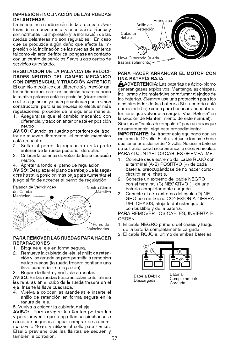 Impresión / inclinación de las ruedas delanteras, Para remover las ruedas para hacer reparaciones, Para hacer arrancar el motor con una batería baja | Craftsman 917.28907 User Manual | Page 57 / 64