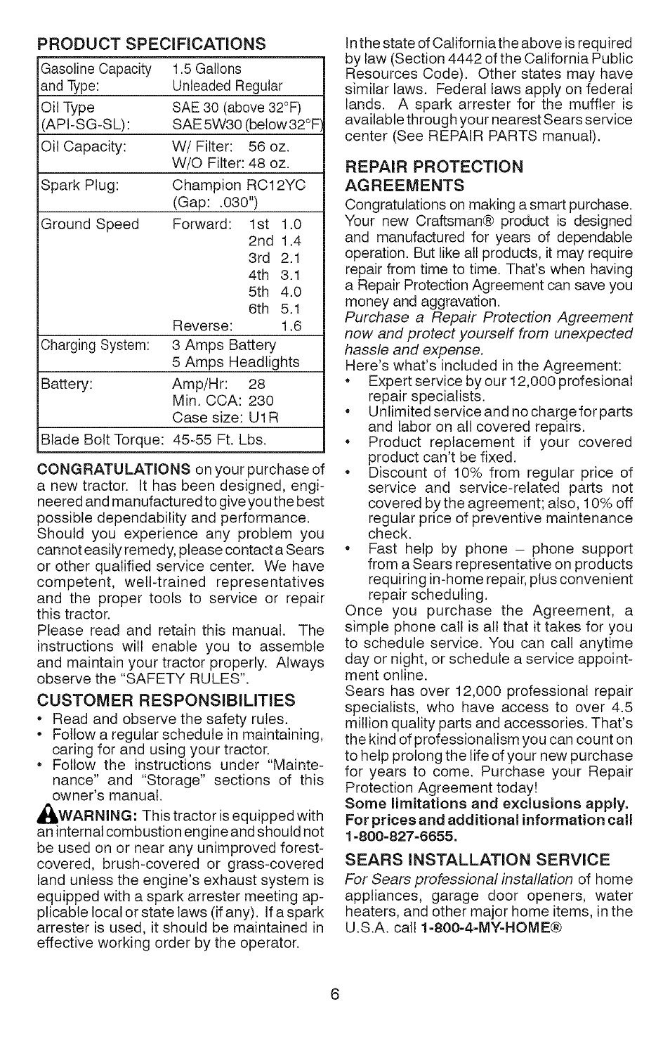 Customer responsibilities, Repair protection agreements, Sears installation service | Craftsman 917.28907 User Manual | Page 6 / 64