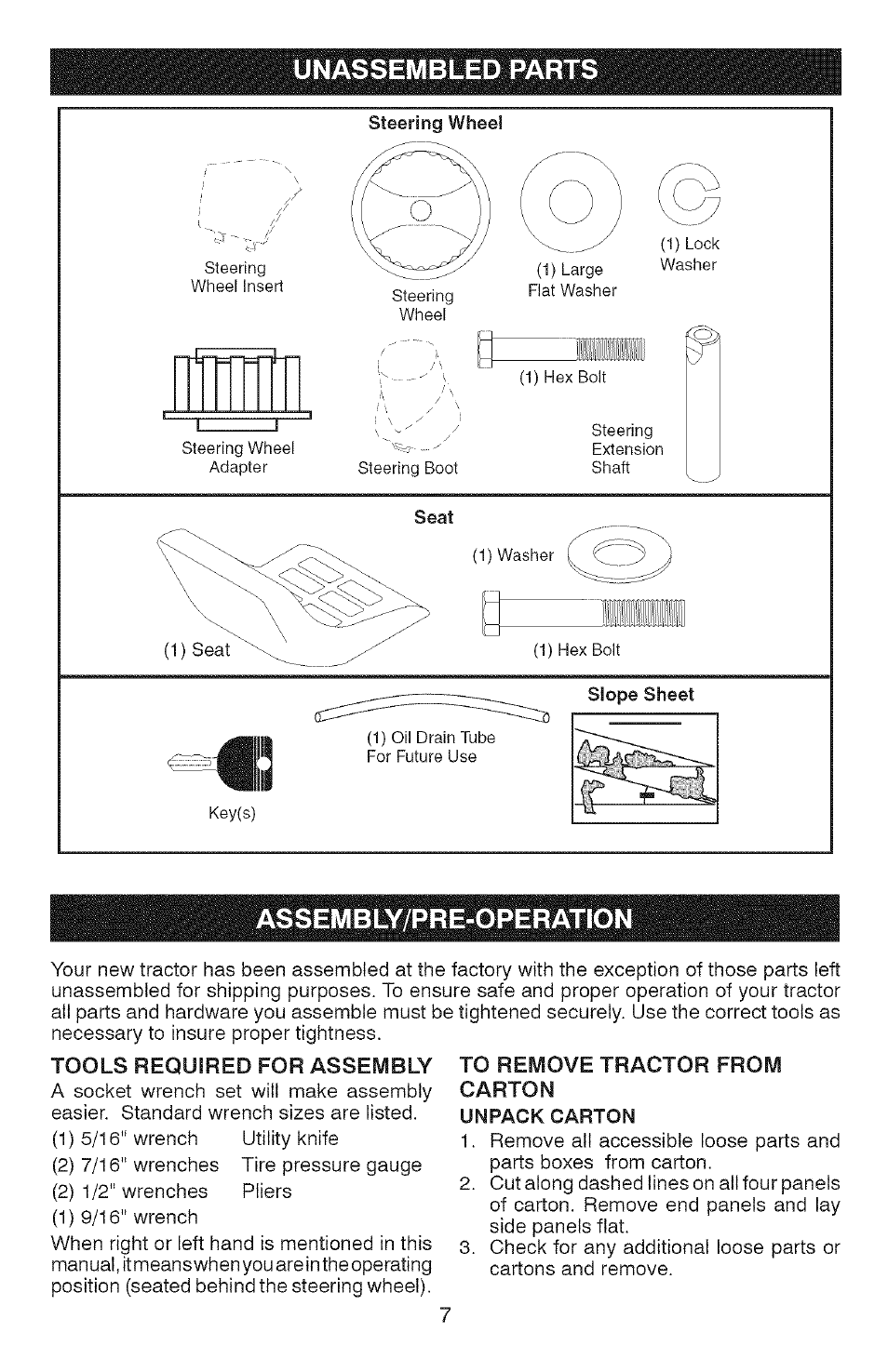 Unassembled parts, Assembly/pre-operation, Tools required for assembly | To remove tractor from carton, Unassembled parts assembly/pre-operation | Craftsman 917.28907 User Manual | Page 7 / 64