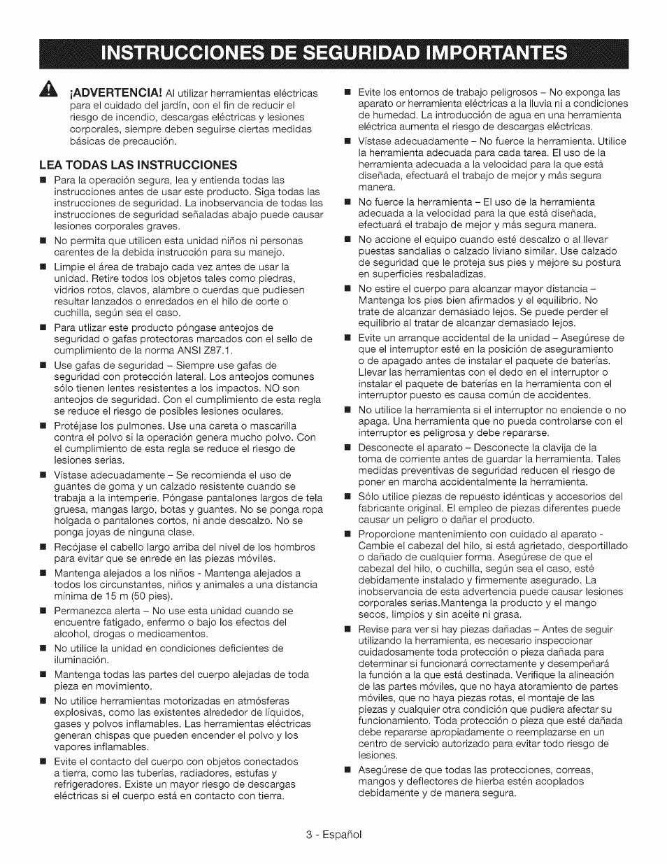 Instrucciones de seguridad importantes, Instrucciones de seguridad importantes -4 | Craftsman CR2000 User Manual | Page 15 / 24