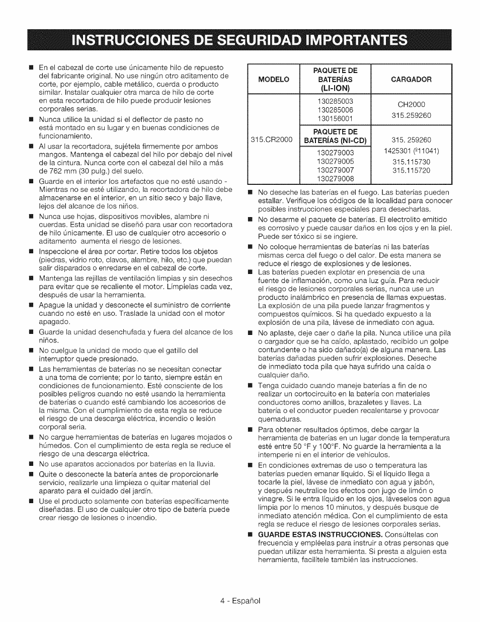 Instrucciones de seguridad importantes | Craftsman CR2000 User Manual | Page 16 / 24