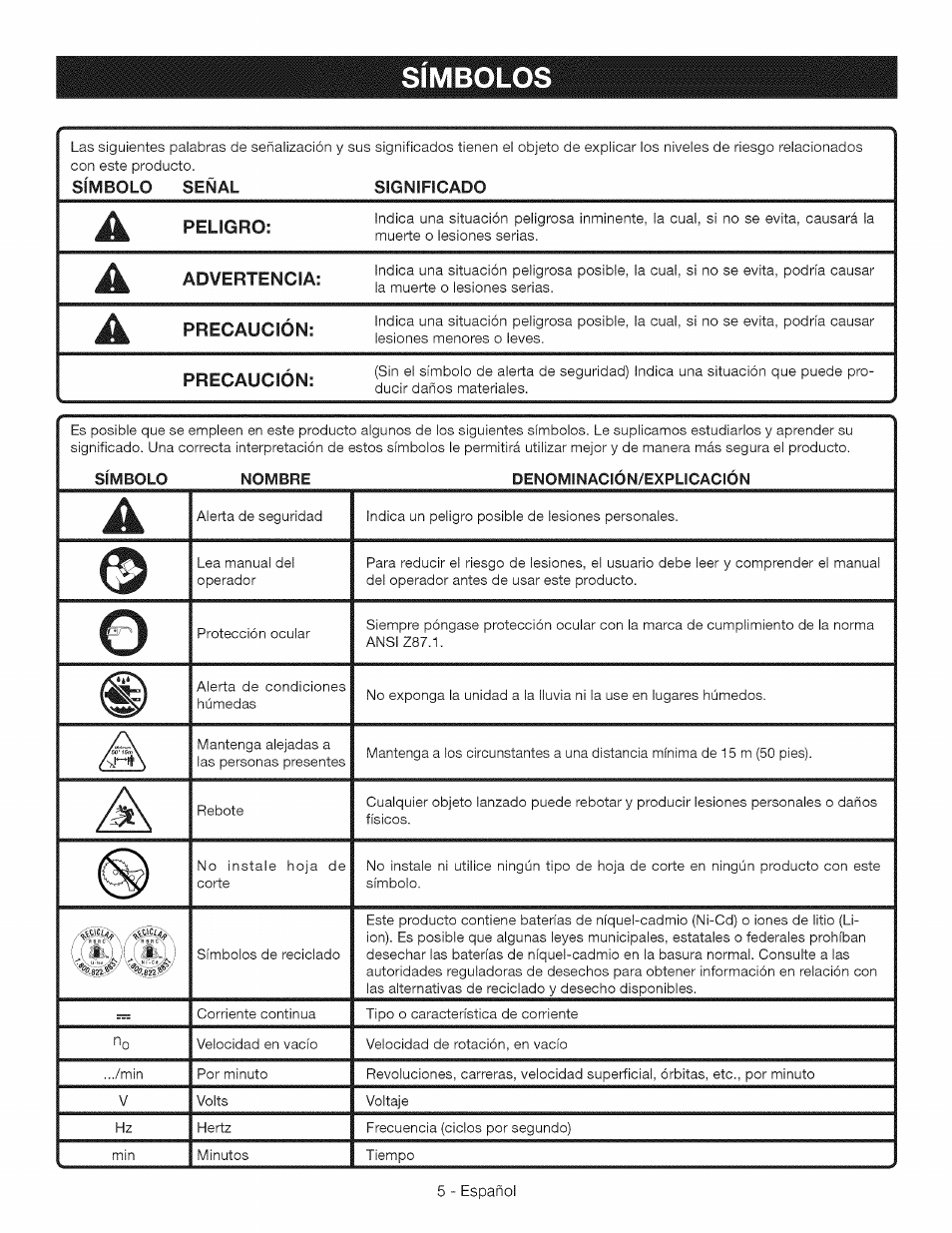 Simbolos, Símbolos | Craftsman CR2000 User Manual | Page 17 / 24