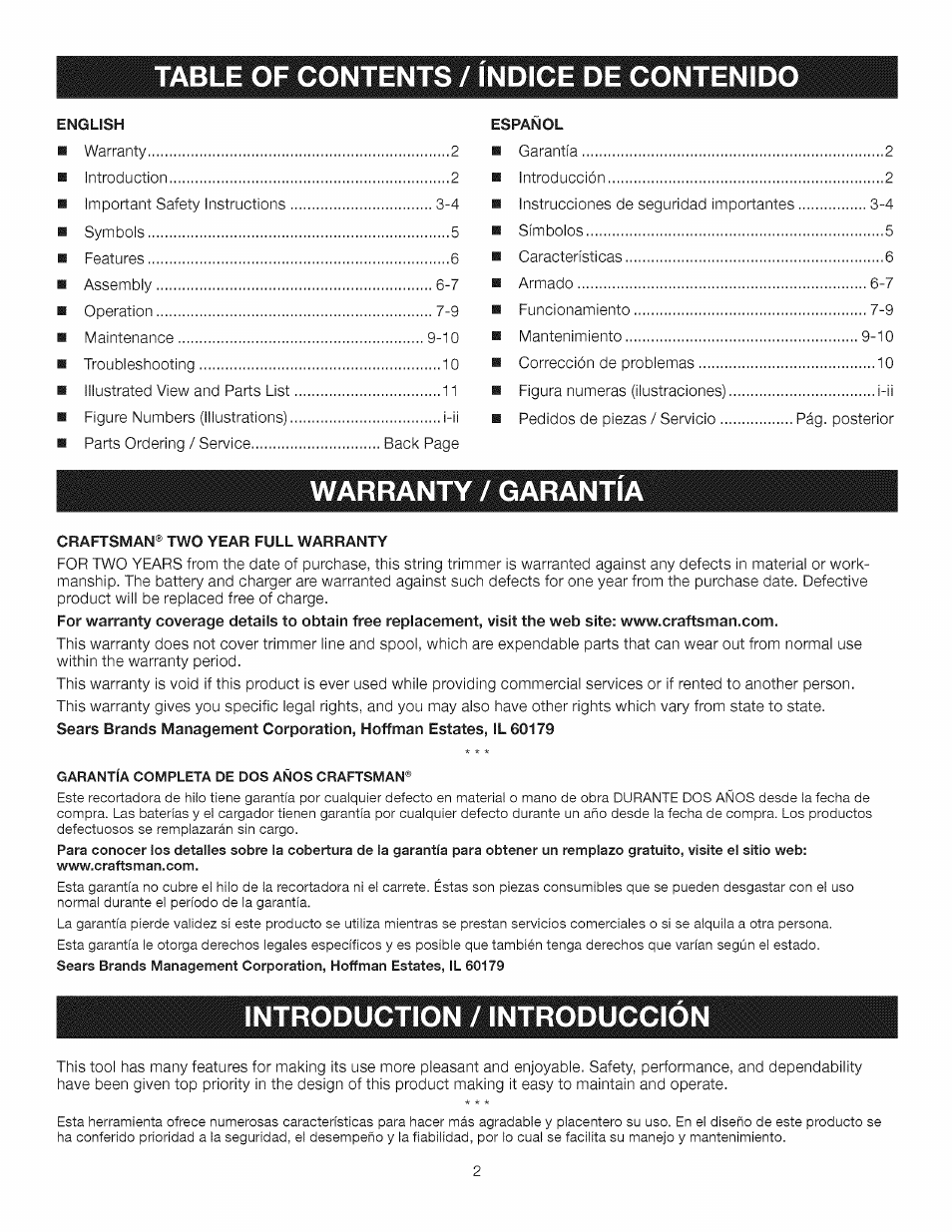 Table of contents / indice de contenid, Warranty / garantia, Introduction / introduccion | Craftsman CR2000 User Manual | Page 2 / 24