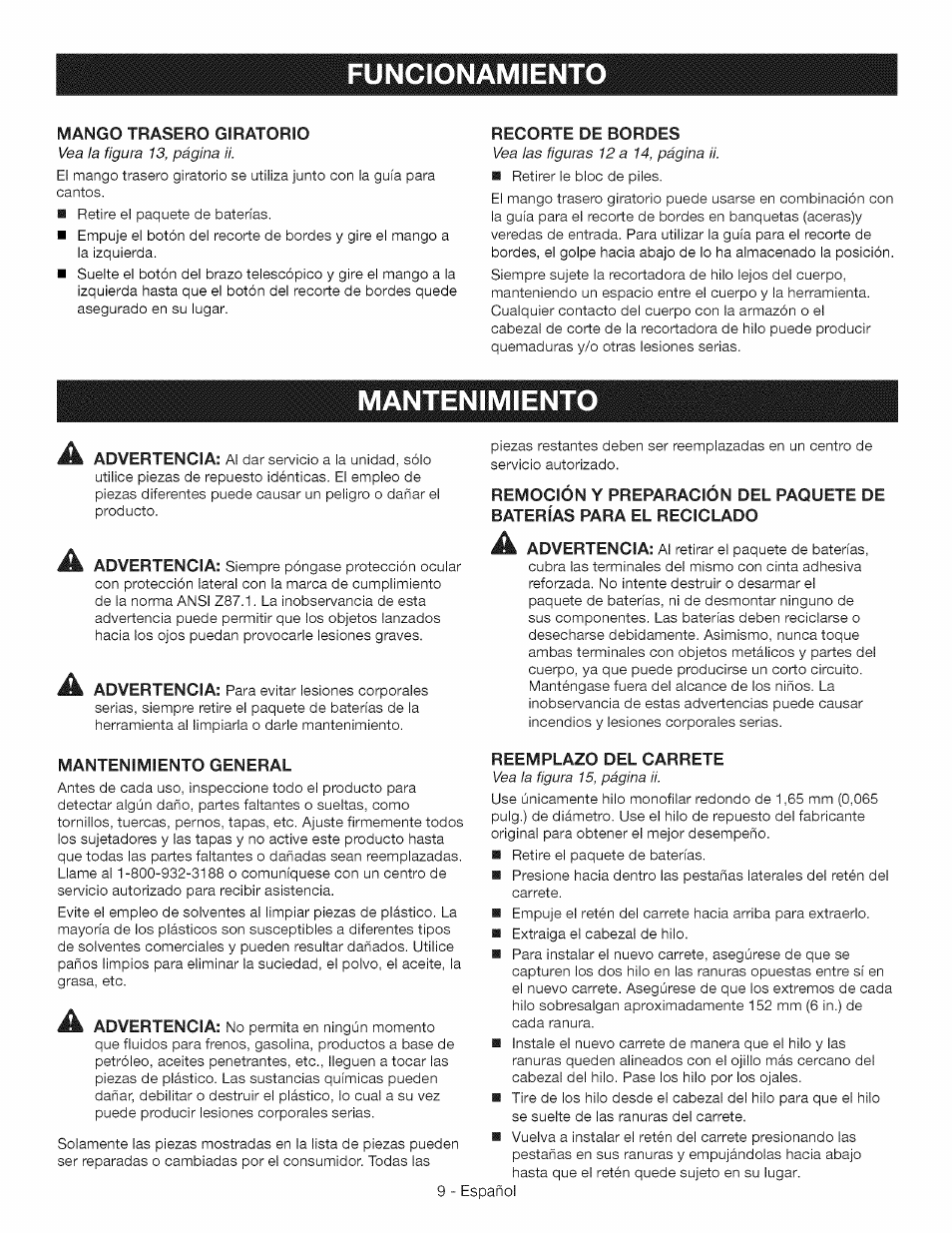 Funcionamient, Mantenimiento, Mantenimiento -10 | Craftsman CR2000 User Manual | Page 21 / 24