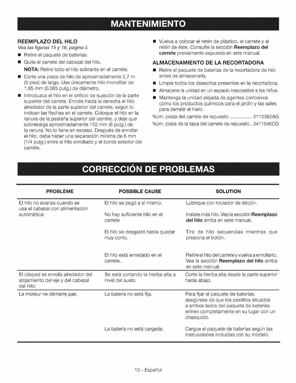 Mantenimiento, Correccion de problemas | Craftsman CR2000 User Manual | Page 22 / 24