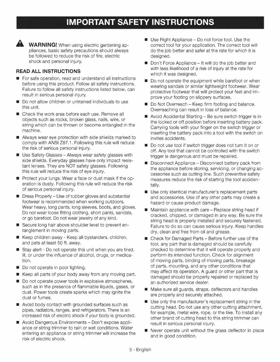 Important safety instructions, Important safety instructions -4 | Craftsman CR2000 User Manual | Page 3 / 24