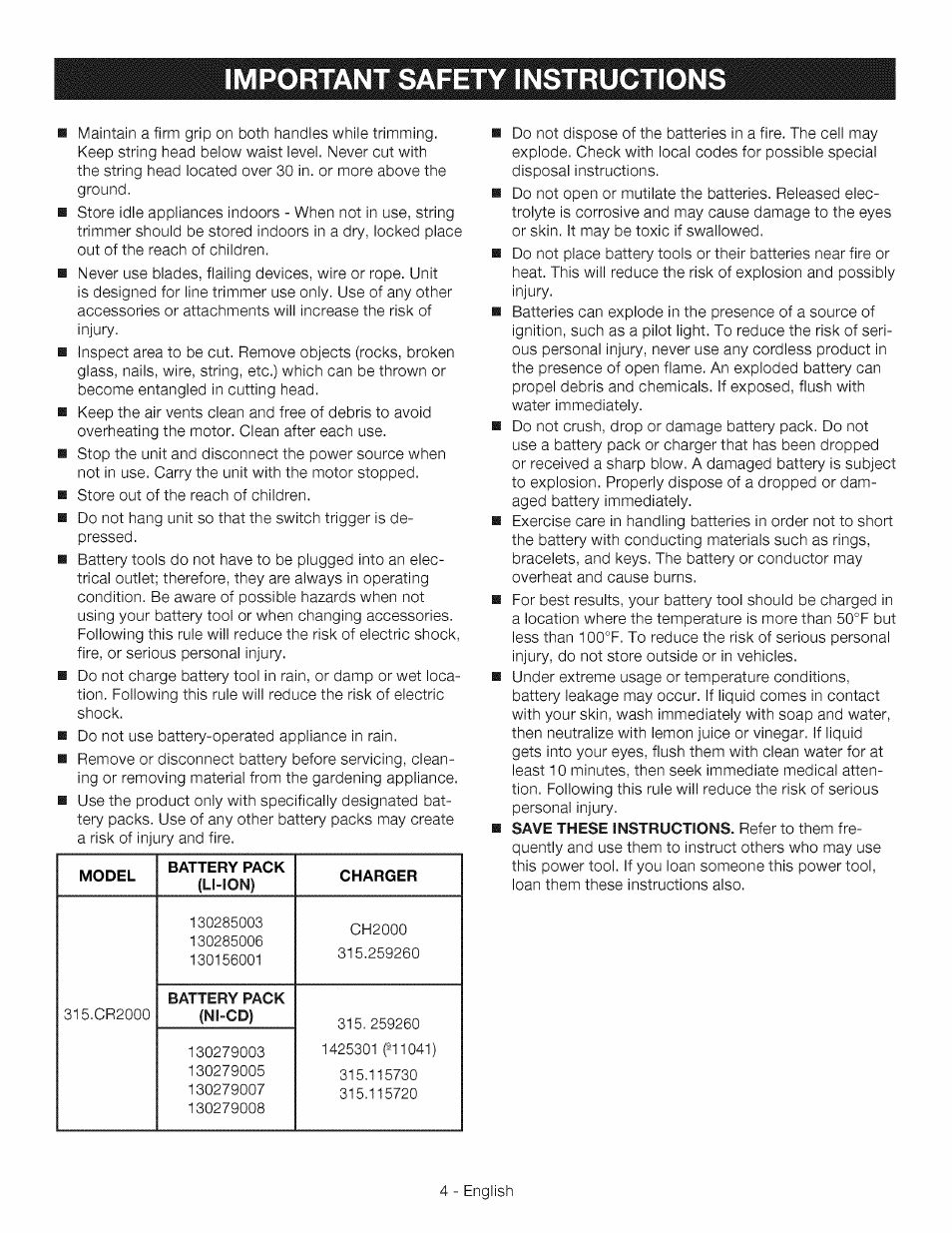 Important safety instructions | Craftsman CR2000 User Manual | Page 4 / 24