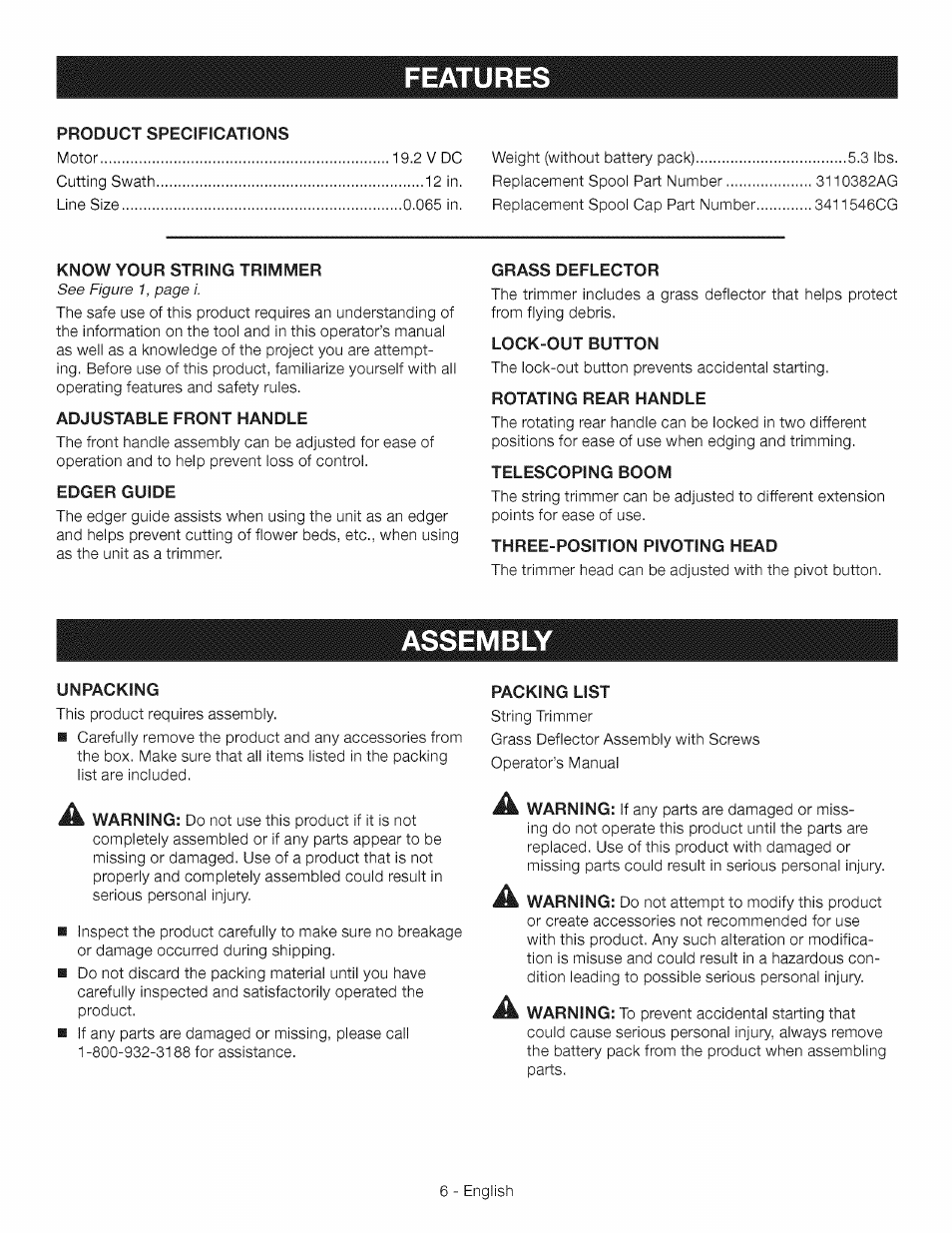 Features, Assembl, Assembly -7 | Craftsman CR2000 User Manual | Page 6 / 24