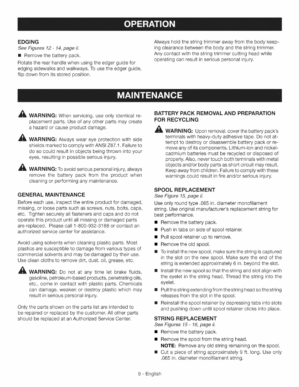 Operation, Maintenance, Maintenance -10 | Craftsman CR2000 User Manual | Page 9 / 24