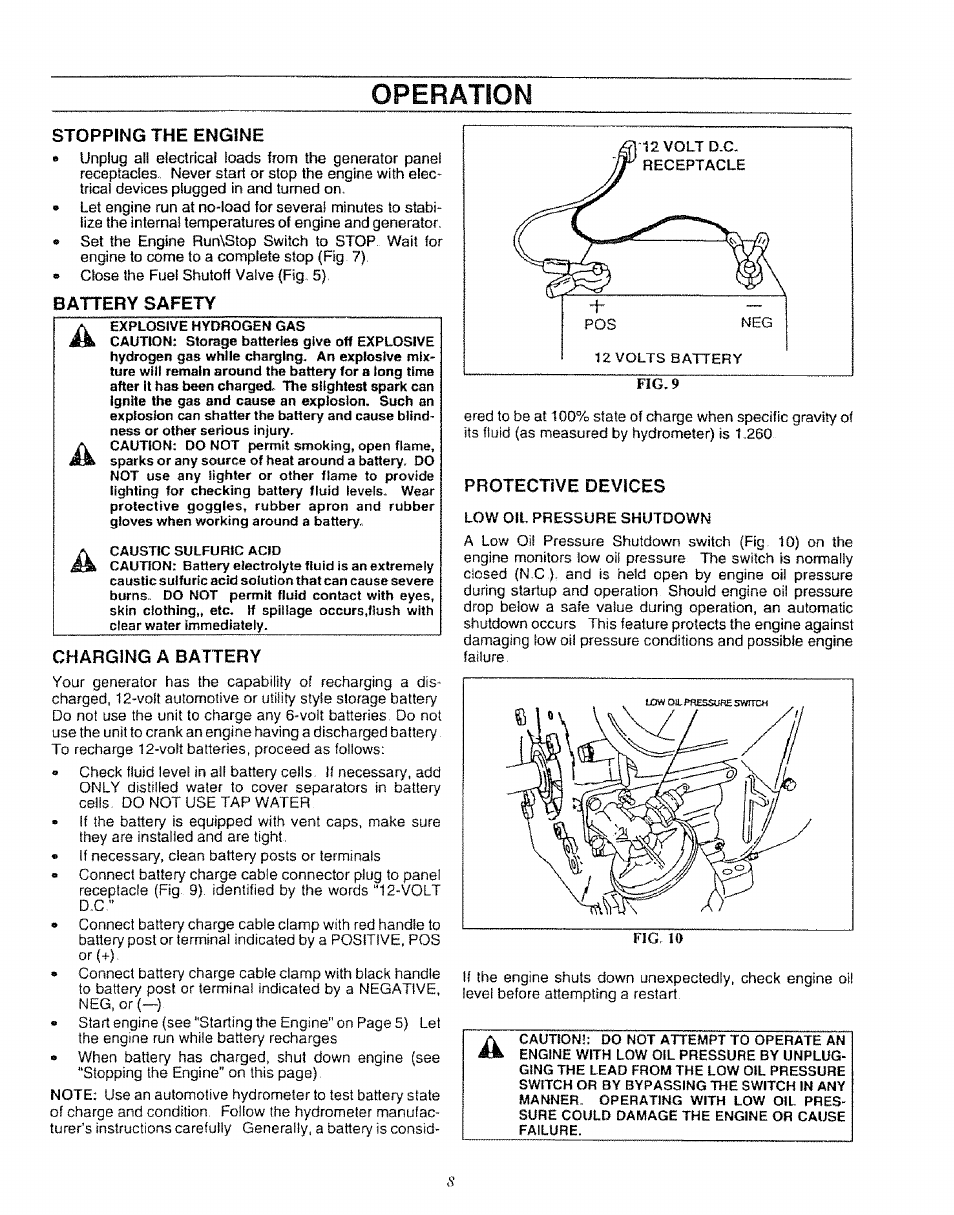 Stopping the engine, Battery safety, Charging a battery | Stopping engine, Operation | Craftsman 580.327071 User Manual | Page 10 / 28