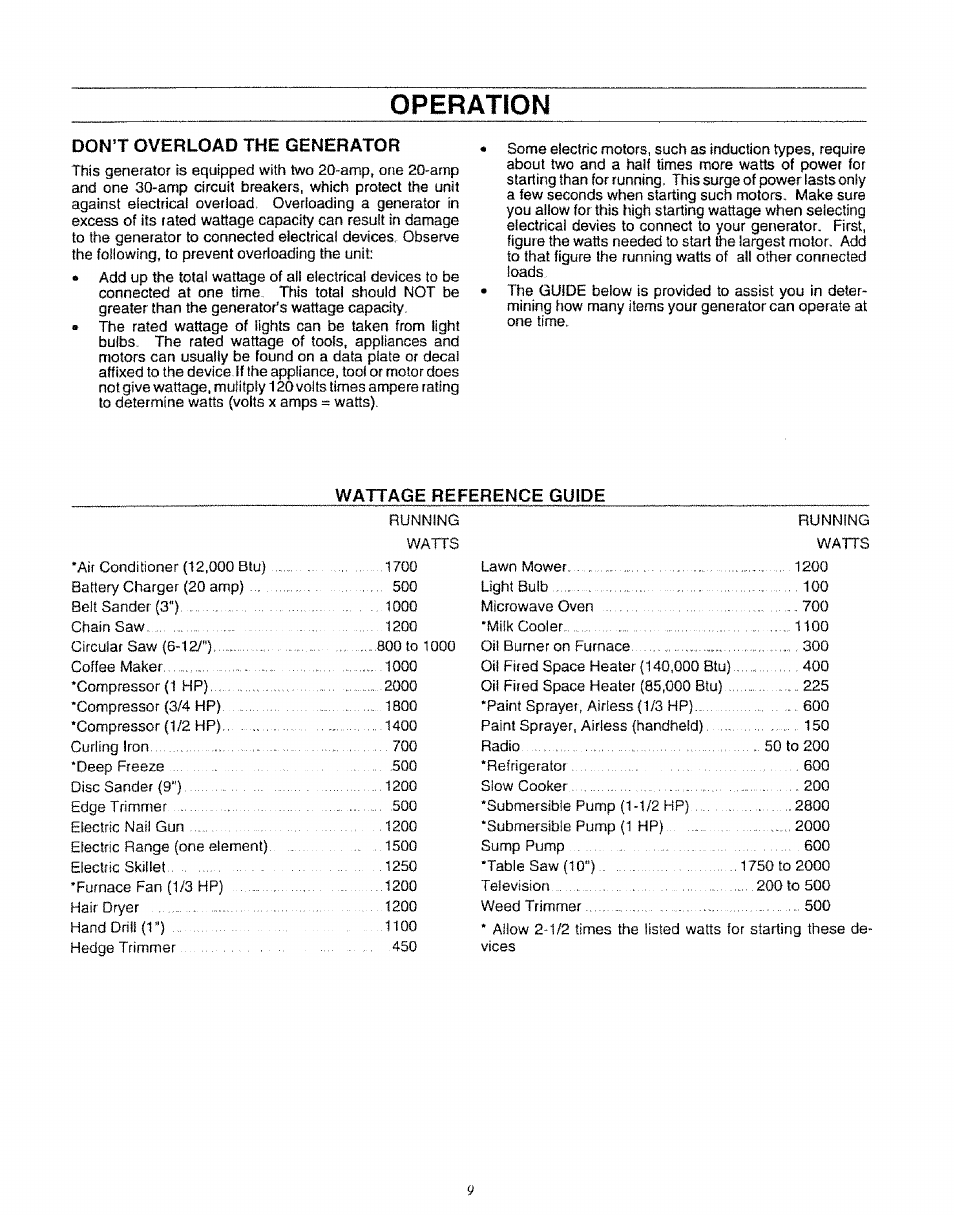 Don't overload the generator, Operation | Craftsman 580.327071 User Manual | Page 11 / 28