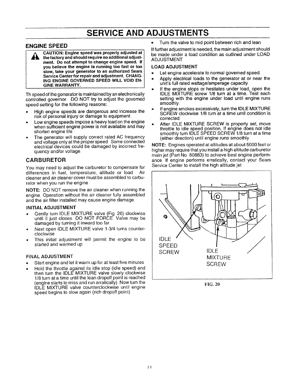 Service and adjustments, Engine speed, Carburetor | Craftsman 580.327071 User Manual | Page 15 / 28