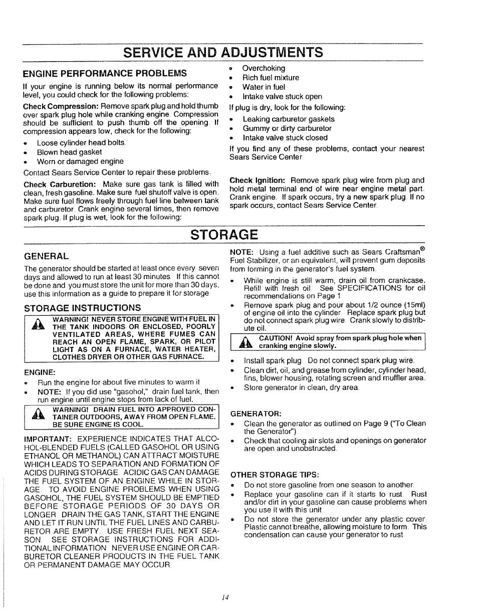 Service and adjustments, Engine performance problems, Storage | General, Storage instructions | Craftsman 580.327071 User Manual | Page 16 / 28