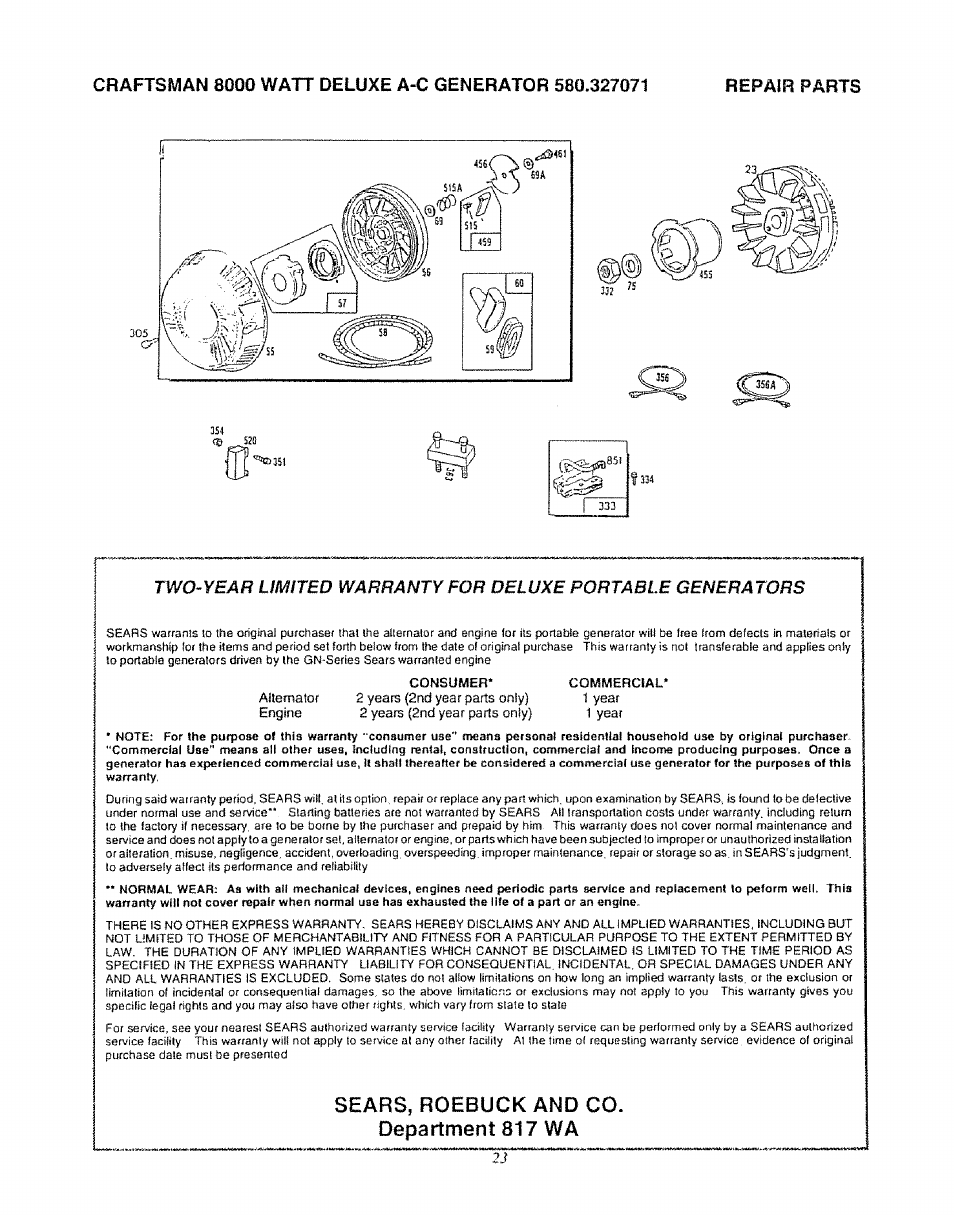 Sears, roebuck and co. department 817 wa, Sears, And co. department 817 wa | Craftsman 580.327071 User Manual | Page 25 / 28