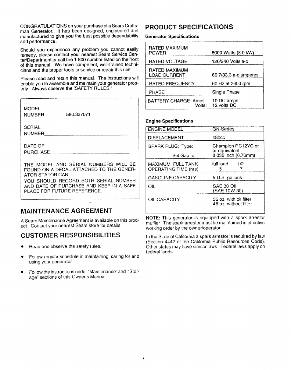 Maintenance agreement, Customer responsibilities, Product specifications | Craftsman 580.327071 User Manual | Page 3 / 28