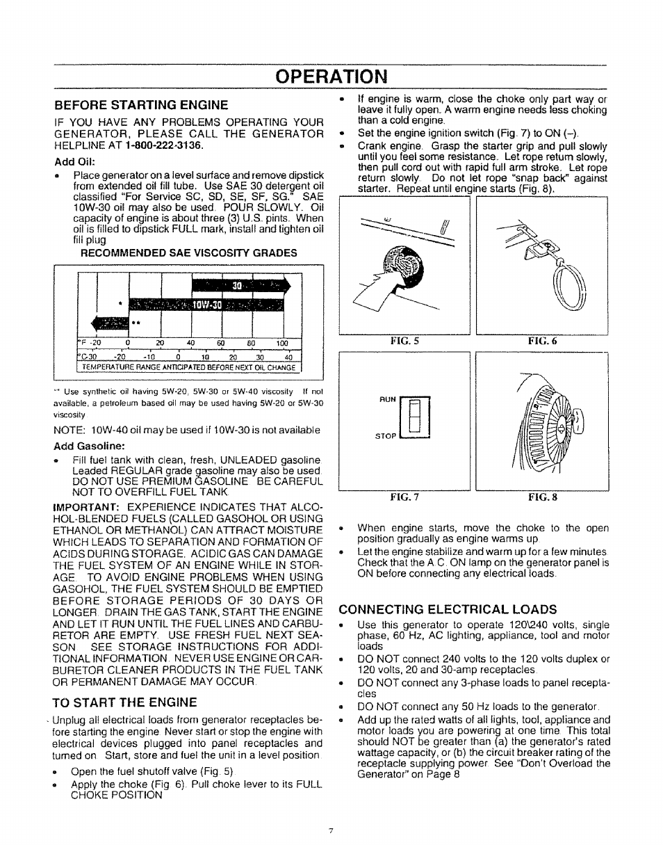 Before starting engine, To start the engine, Connecting electrical loads | Operation | Craftsman 580.327071 User Manual | Page 9 / 28