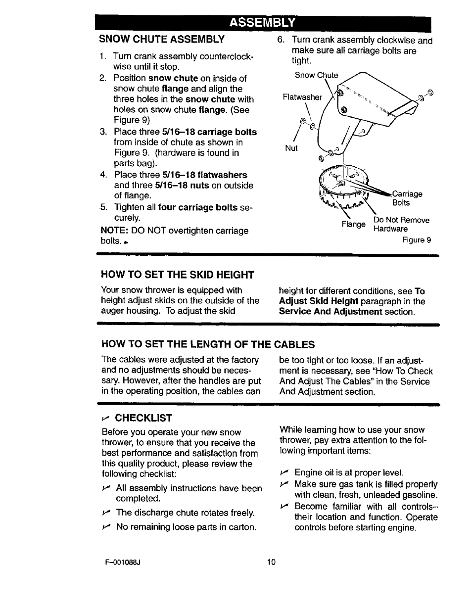 Snow chute assembly, How to set the skid height, How to set the length of the cables | Checklist, Assembly | Craftsman 536.886260 User Manual | Page 10 / 54