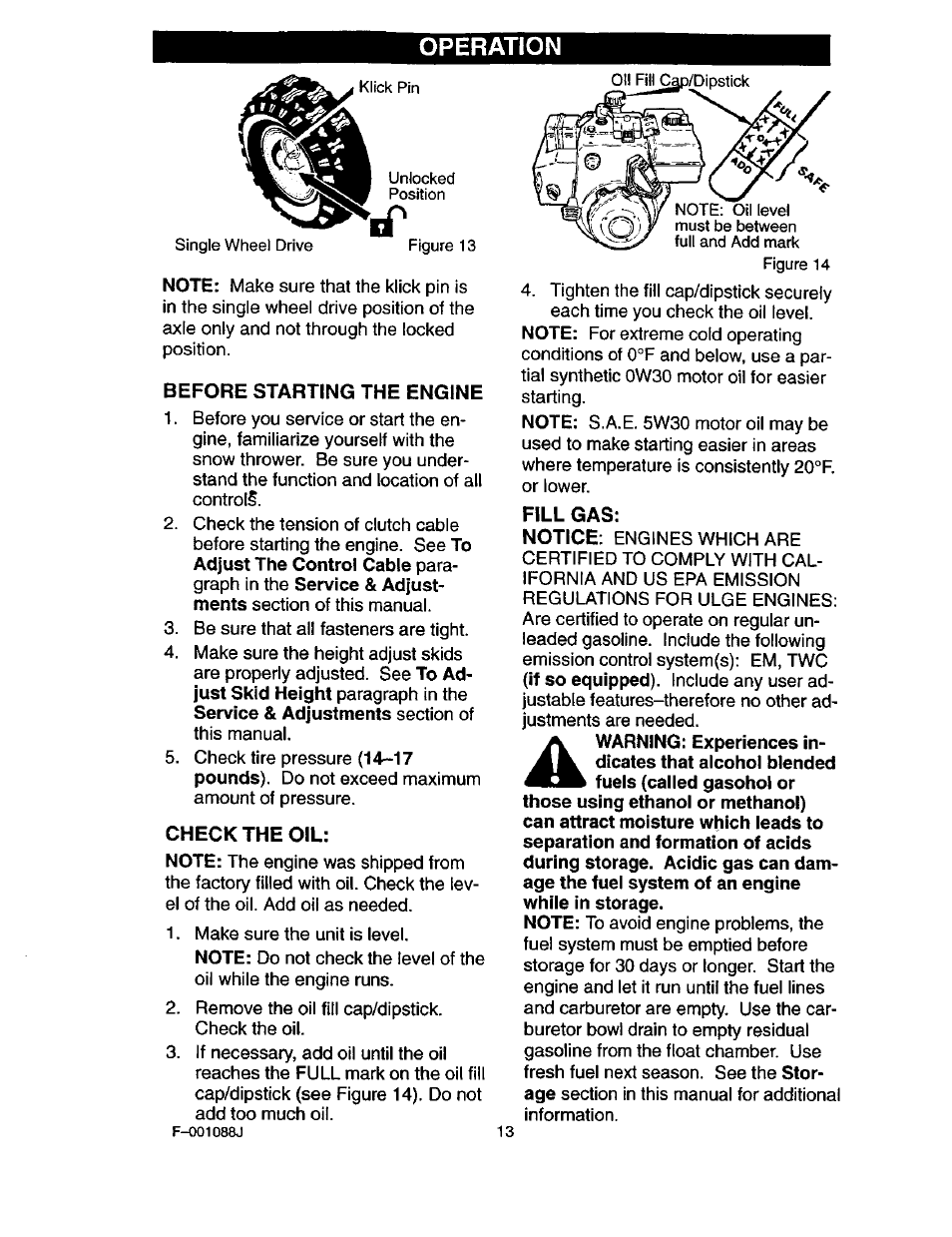 Before starting the engine, Check the oil, Fill gas | Operation | Craftsman 536.886260 User Manual | Page 13 / 54