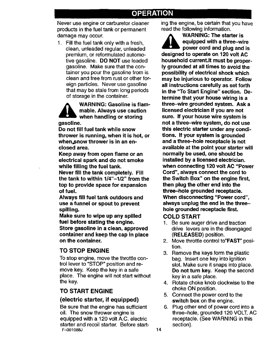 To stop engine, To start engine (electric starter, if equipped), Cold start | Operation | Craftsman 536.886260 User Manual | Page 14 / 54