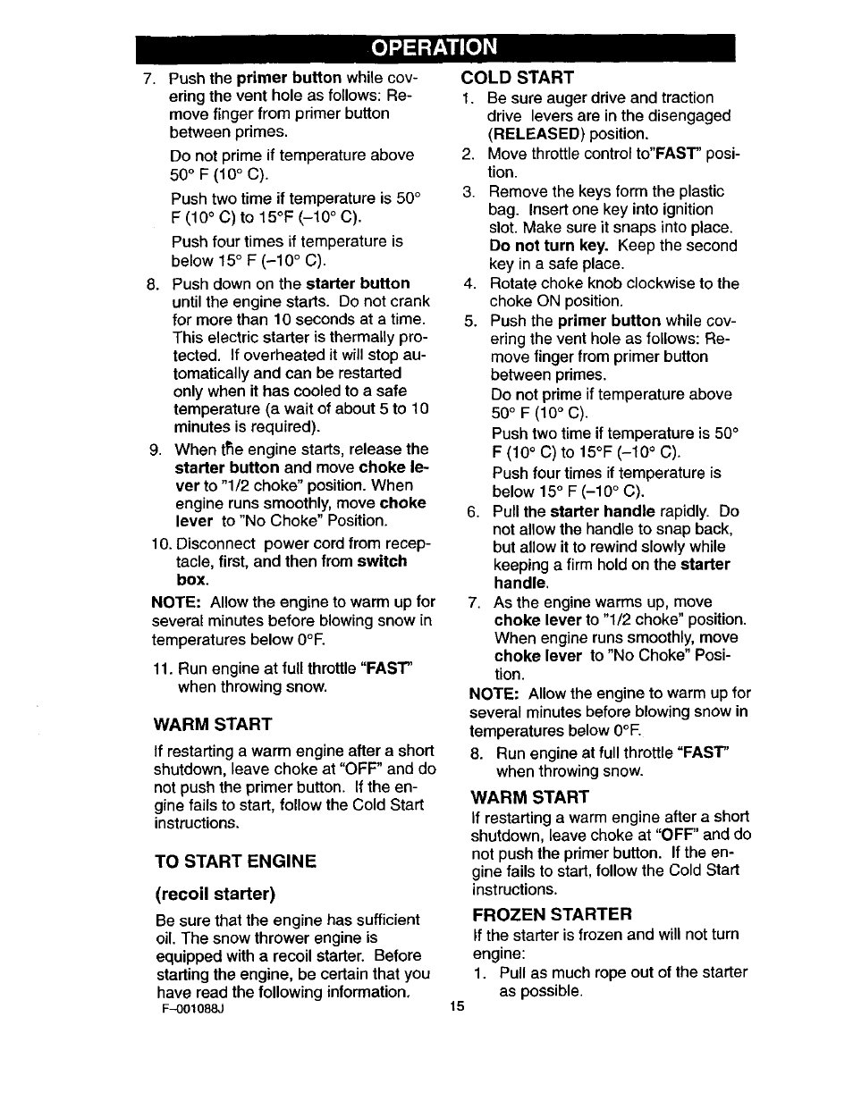 Warm start, To start engine (recoil starter), Cold start | Frozen starter, Operation | Craftsman 536.886260 User Manual | Page 15 / 54