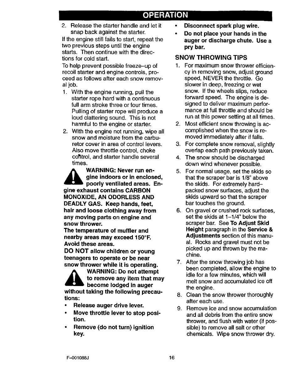 Disconnect spark plug wire, Snow throwing tips, Operation | Craftsman 536.886260 User Manual | Page 16 / 54