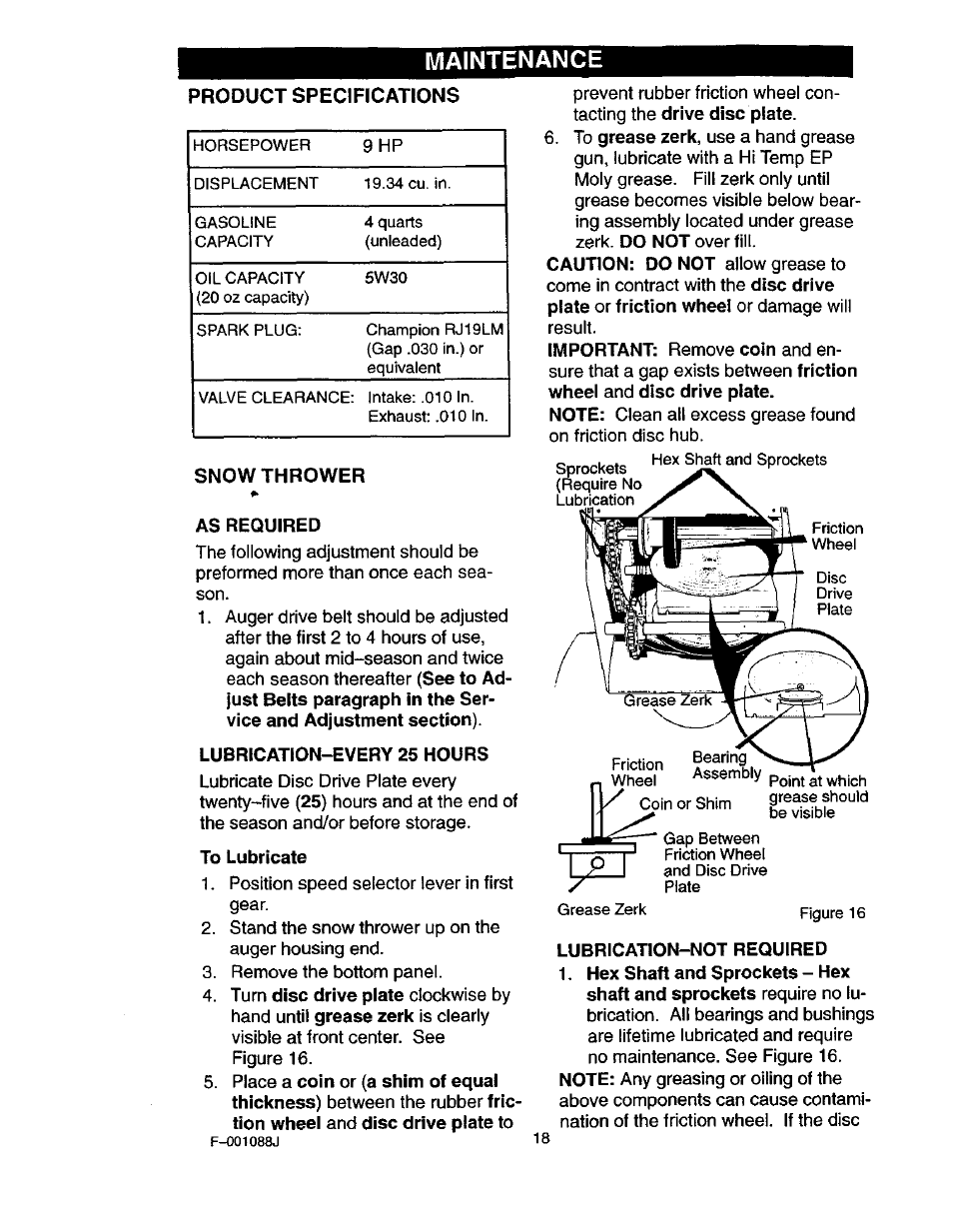 Product specifications, Snow thrower, As required | Lubrication-every 25 hours, To lubricate, Maintenance | Craftsman 536.886260 User Manual | Page 18 / 54