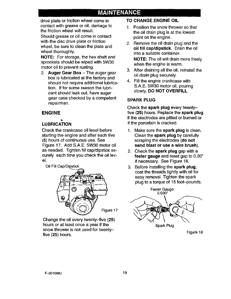 Engine, Lubrication, To change engine oil | Spark plug, Maintenance | Craftsman 536.886260 User Manual | Page 19 / 54