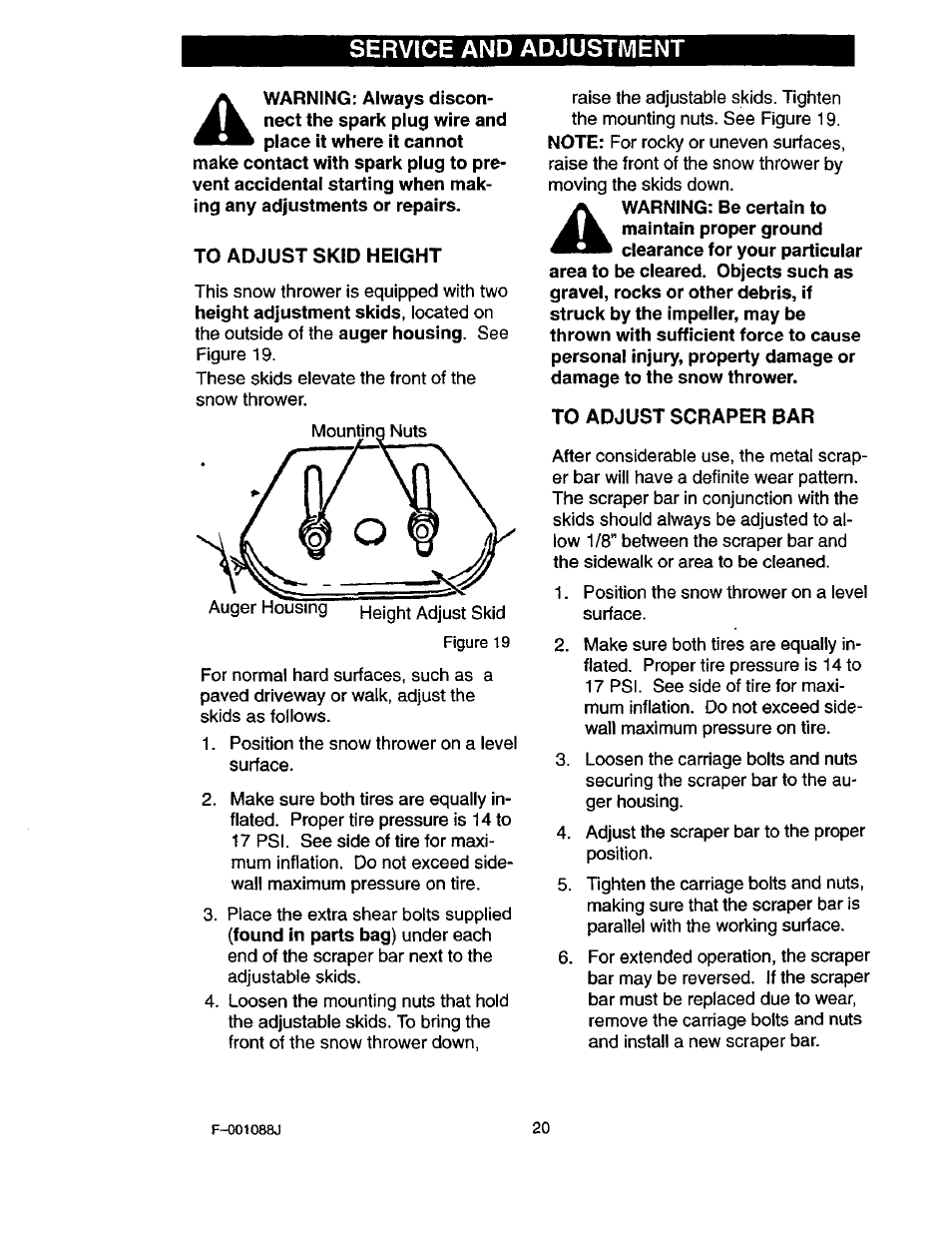 To adjust skid height, To adjust scraper bar, Service and adjustment | Craftsman 536.886260 User Manual | Page 20 / 54
