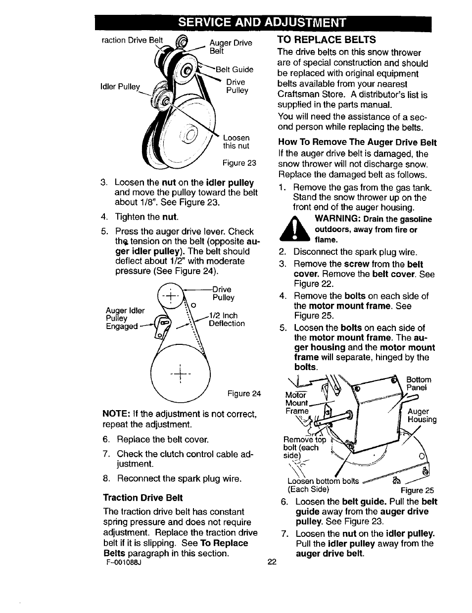 Traction drive belt, To replace belts, Service and adjustment | Craftsman 536.886260 User Manual | Page 22 / 54