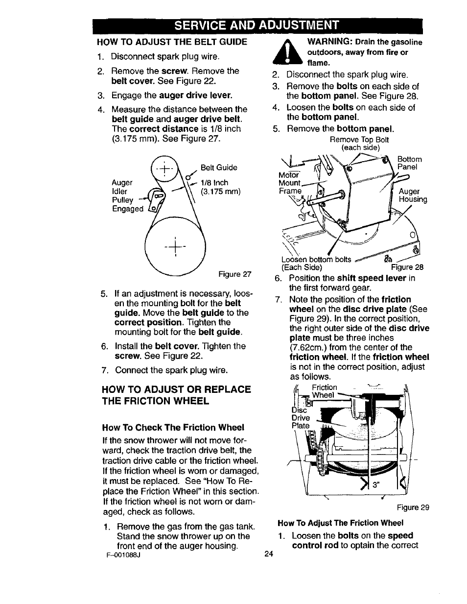 How to adjust the belt guide, How to adjust or replace the friction wheel, How to check the friction wheel | Service and adjustment | Craftsman 536.886260 User Manual | Page 24 / 54