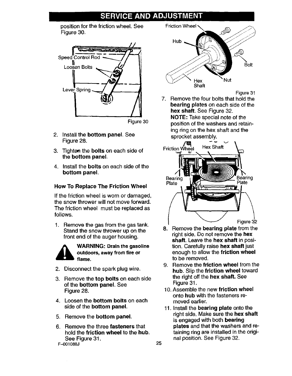 How to replace the friction wheel, Service and adjustment | Craftsman 536.886260 User Manual | Page 25 / 54
