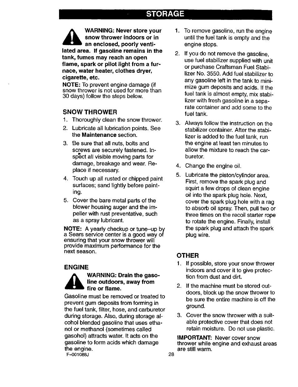 Storage, Snow thrower, Engine | Other | Craftsman 536.886260 User Manual | Page 28 / 54