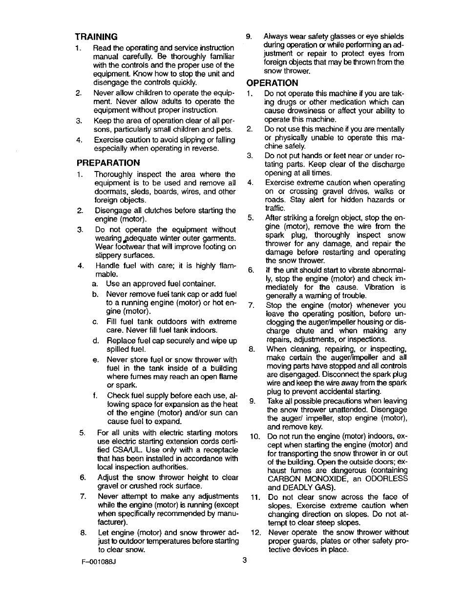Training, Preparation, Operation | Craftsman 536.886260 User Manual | Page 3 / 54