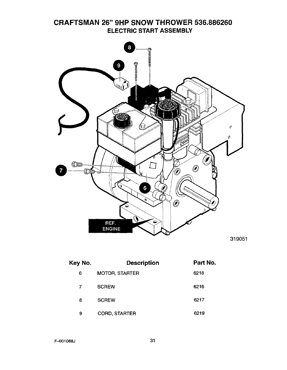 Key no. description, Part no | Craftsman 536.886260 User Manual | Page 31 / 54