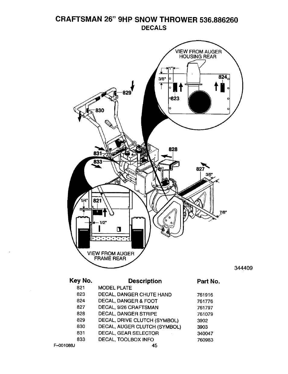Craftsman 26” 9hp snow thrower 536.886260, Decals | Craftsman 536.886260 User Manual | Page 45 / 54