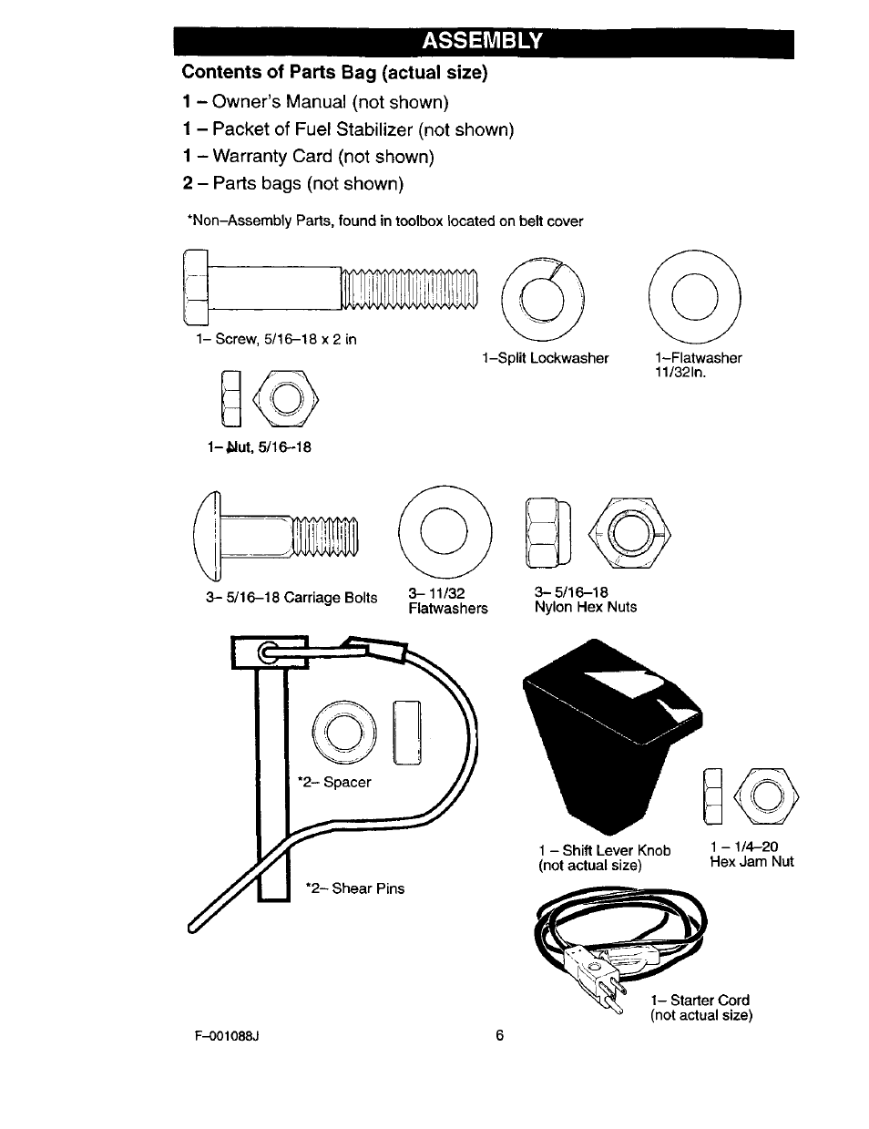 Contents of parts bag (actual size), Assembly | Craftsman 536.886260 User Manual | Page 6 / 54