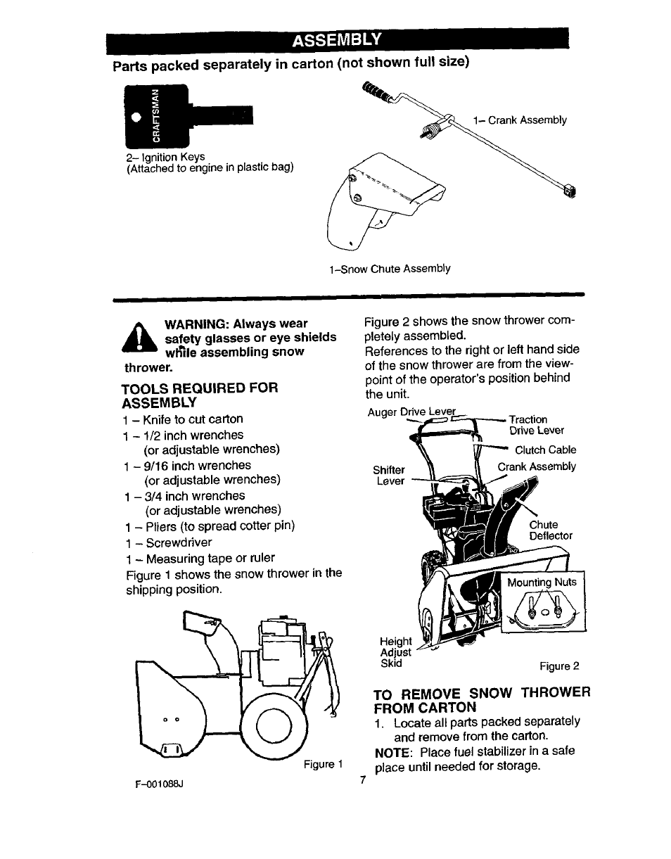 Tools required for assembly, To remove snow thrower from carton, Assembly | Craftsman 536.886260 User Manual | Page 7 / 54