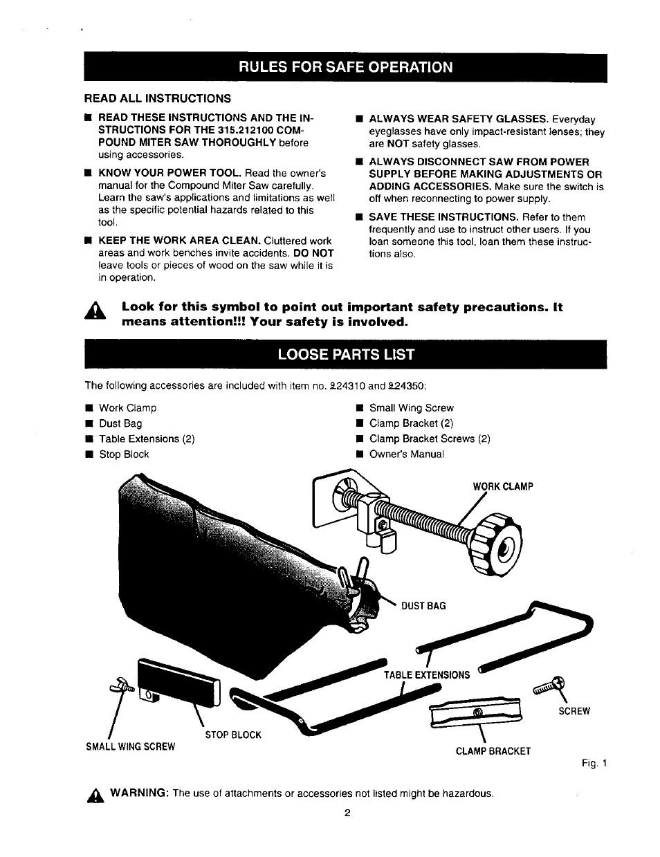 Rules for safe operation, Read all instructions, Loose parts list | Craftsman 315.212100 User Manual | Page 2 / 4
