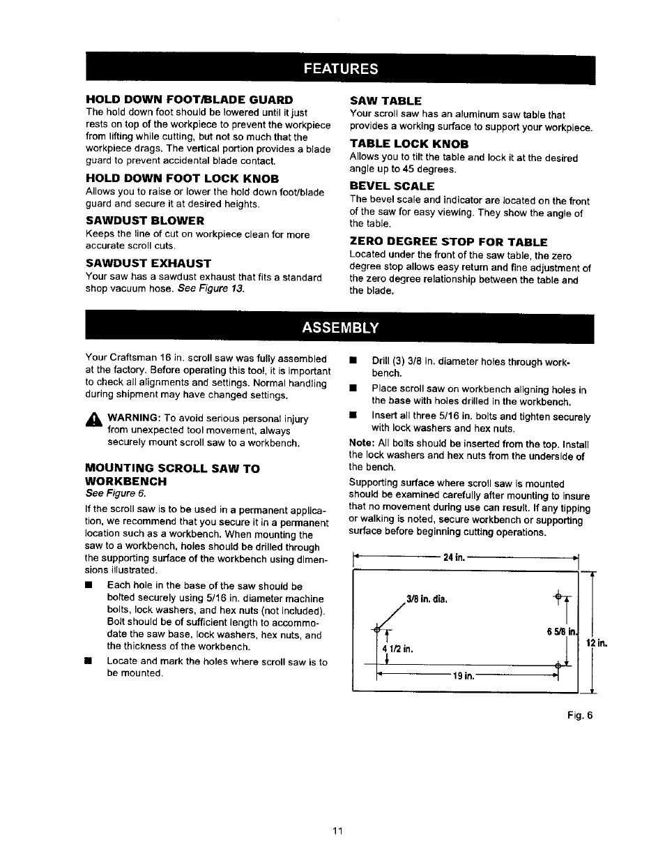 Hold down foot/blade guard, Hold down foot lock knob, Sawdust blower | Sawdust exhaust, Saw table, Table lock knob, Bevel scale, Zero degree stop for table, Assembly, Mounting scroll saw to workbench | Craftsman 315.216360 User Manual | Page 11 / 26