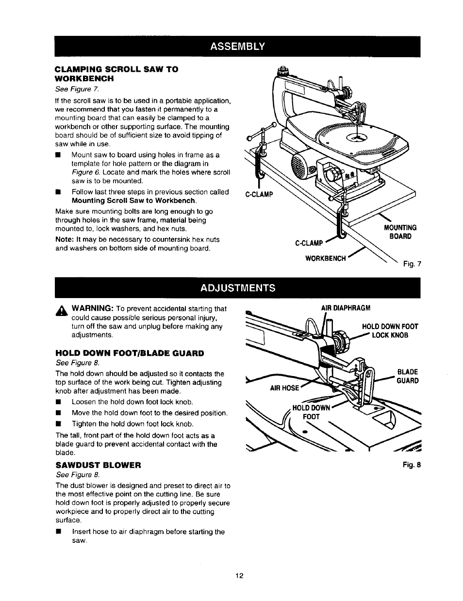 Assembly, Clamping scroll saw to workbench, Adjustments | Hold down foot/blade guard, Sawdust blower, Assembly -12, Adjustments -15 | Craftsman 315.216360 User Manual | Page 12 / 26