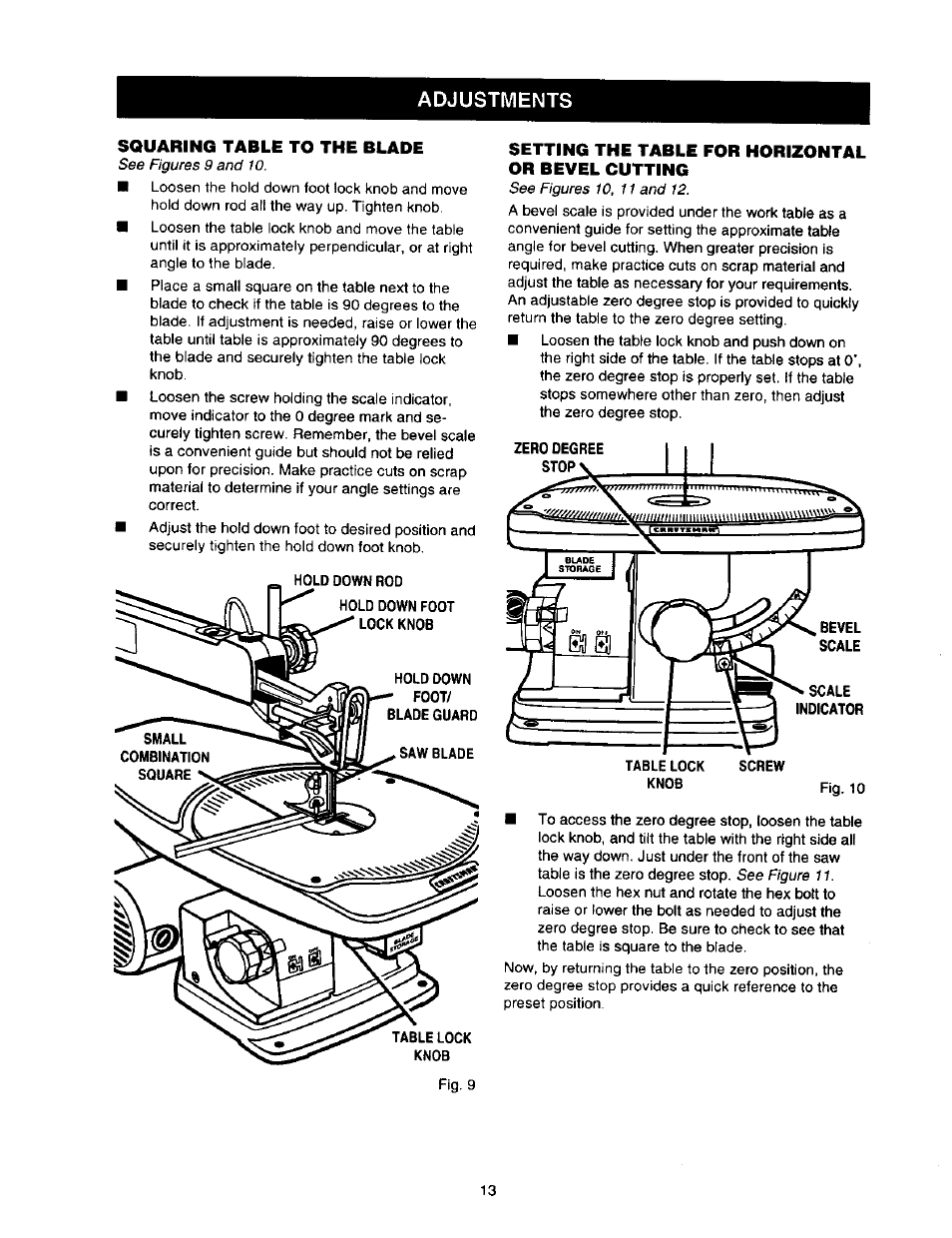 Squaring table to the blade, Setting the table for horizontal or bevel cutting | Craftsman 315.216360 User Manual | Page 13 / 26