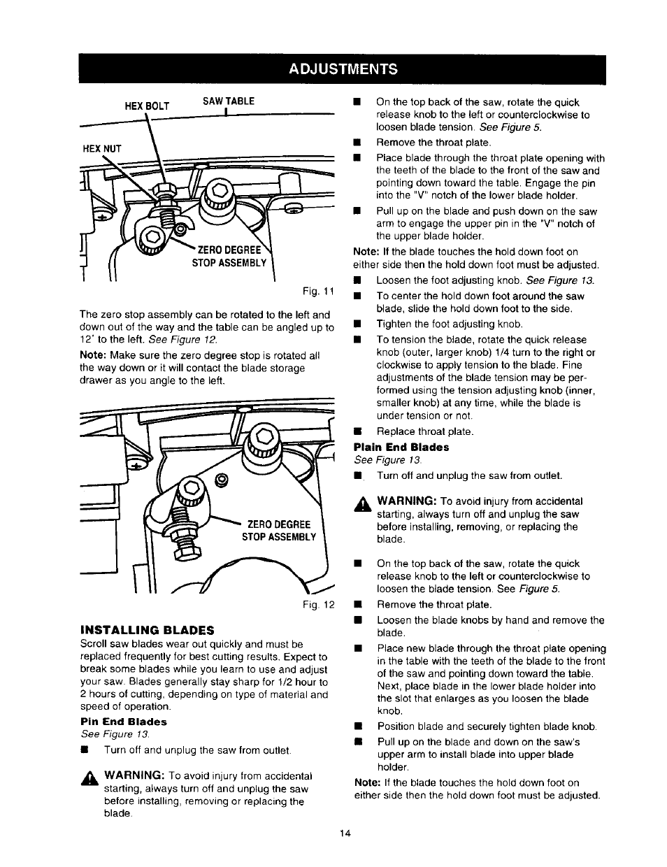 Installing blades | Craftsman 315.216360 User Manual | Page 14 / 26