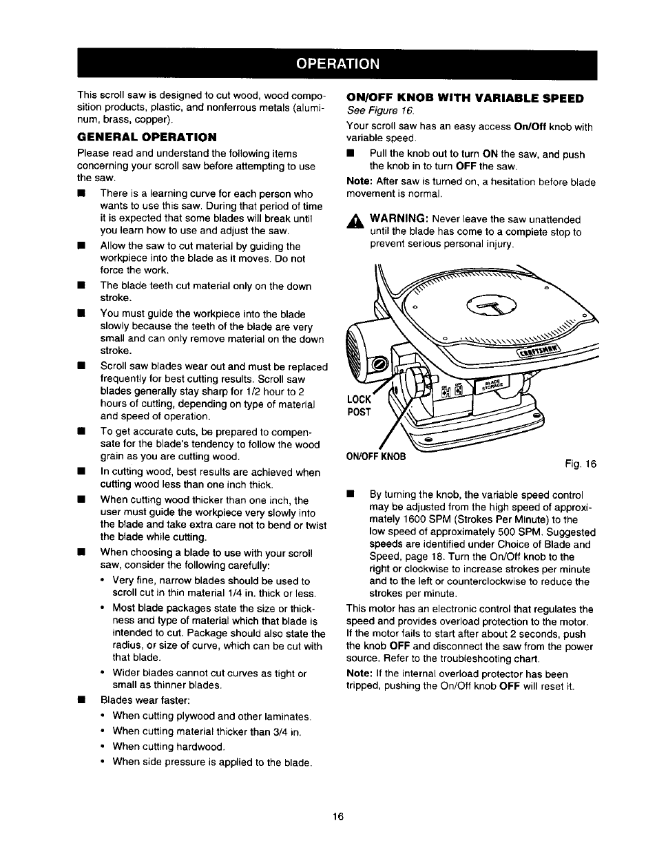 General operation, On/off knob with variable speed, Operation | Craftsman 315.216360 User Manual | Page 16 / 26