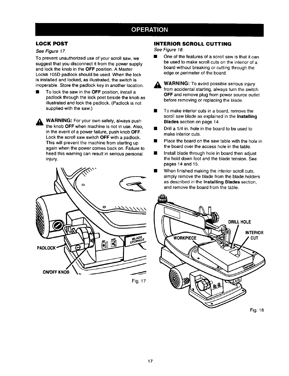 Lock post, Interior scroll cutting, Operation | Craftsman 315.216360 User Manual | Page 17 / 26