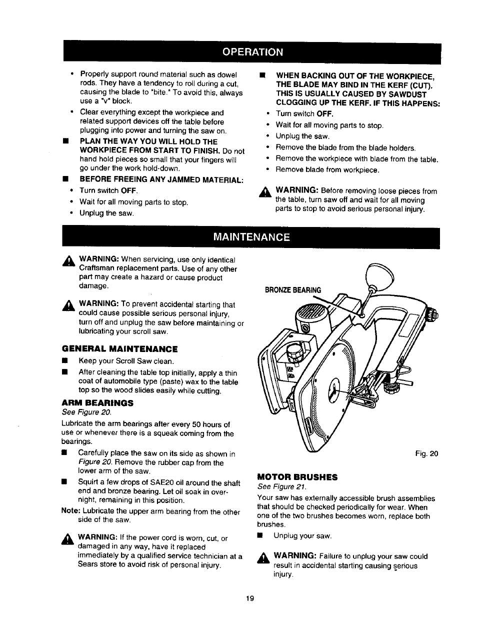 Maintenance, General maintenance, Arm bearings | Motor brushes, Operation | Craftsman 315.216360 User Manual | Page 19 / 26