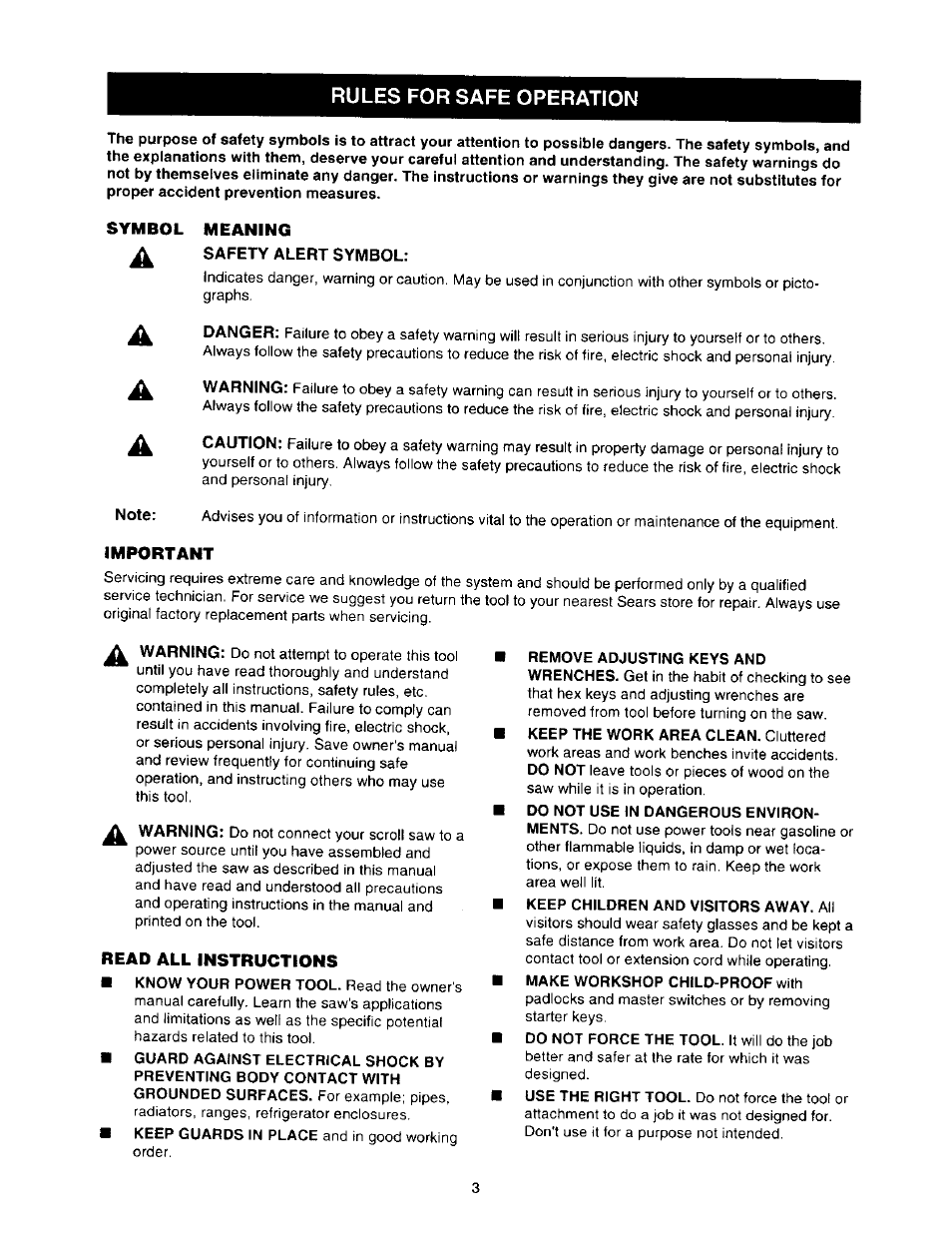 Rules for safe operation, Symbol meaning, Important | Read all instructions, Rules for safe operation -5 | Craftsman 315.216360 User Manual | Page 3 / 26