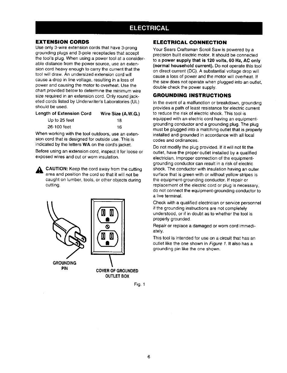 Extension cords, Electrical connection, Grounding instructions | Craftsman 315.216360 User Manual | Page 6 / 26