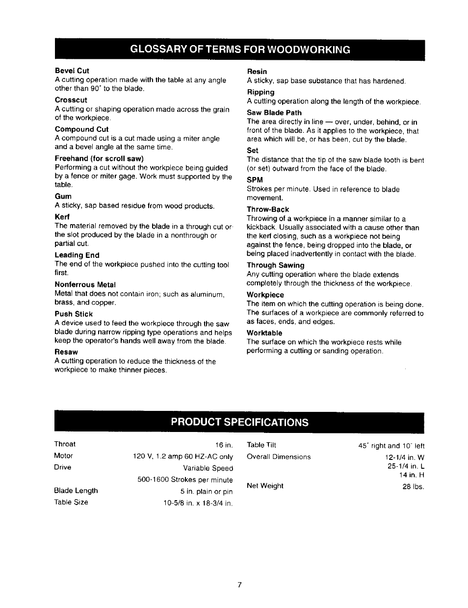 Glossary of terms for woodworking, Product specifications | Craftsman 315.216360 User Manual | Page 7 / 26