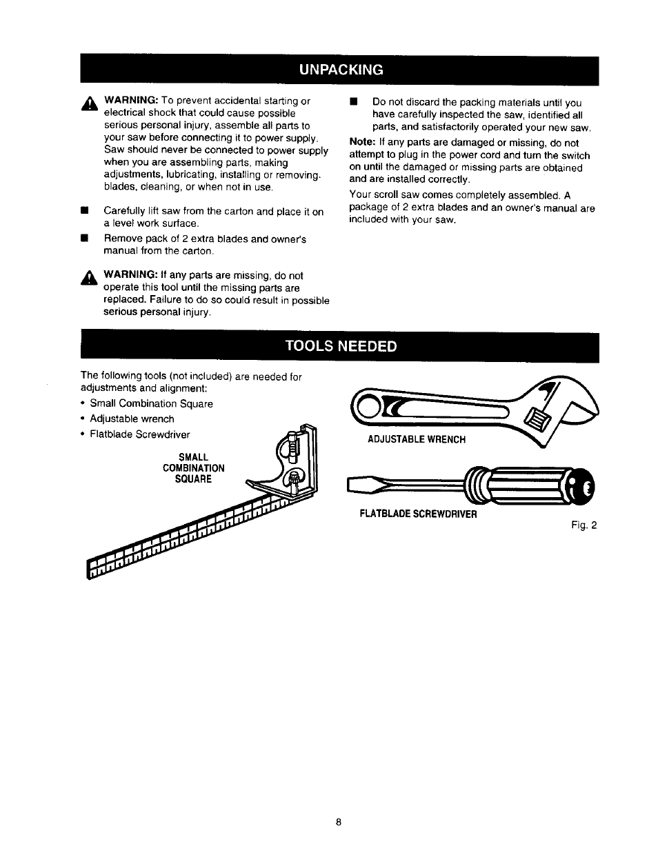 Unpacking, Tools needed | Craftsman 315.216360 User Manual | Page 8 / 26